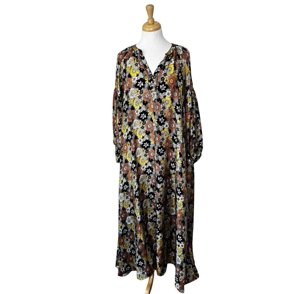 NE QUITTEZ PAZ 100% Silk Floral Long Sleeve Boho Maxi Dress Size SMALL